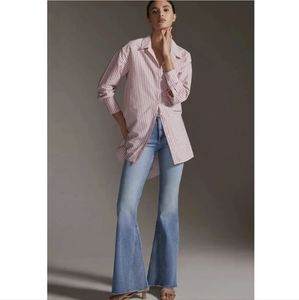 Anthropologie Long Line Striped Button Front Tunic Shirt Purple Medium